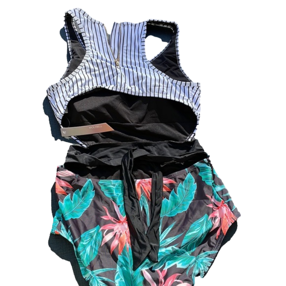 Molybell One Piece Swimsuit Stripes Leaf Print Tummy Control L NWT - Picture 5 of 9